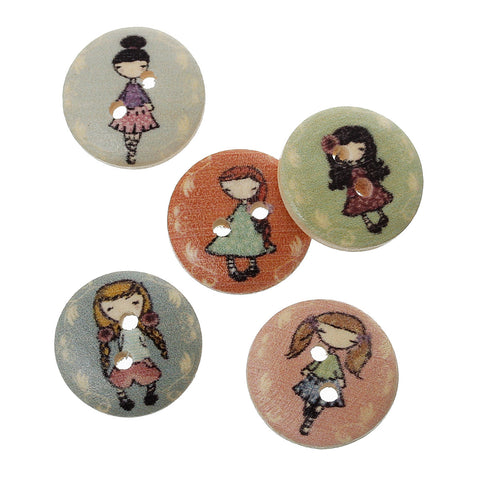 10 Pcs Wood Round Scrapbooking Sewing Buttons Multicolor Girl Design 15mm - Sexy Sparkles Fashion Jewelry - 3