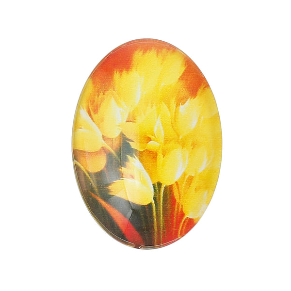 Sexy Sparkles 4 Pcs Oval Flatback Glass Dome Cabochon Embellishment 25mm(1inch ) (Yellow Tulip)