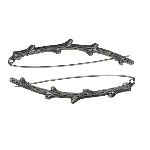 2 Pcs Safety Brooches Pins Branch Antique Silver 85mm - Sexy Sparkles Fashion Jewelry - 1