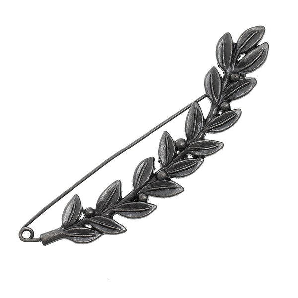 Sexy Sparkles 2 Pcs Safety Brooches Pins Leaves Berries Branch Antique Silver 86mm