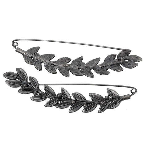 Sexy Sparkles 2 Pcs Safety Brooches Pins Leaves Berries Branch Antique Silver 86mm