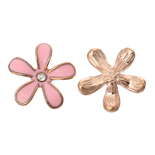 Sexy Sparkles 5 Pcs Enamel Flower Rose Charm Embellishment Findings with Clear Rhinestone 18mm (Pink)