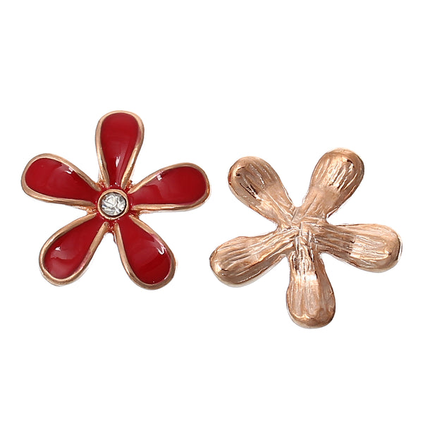 Sexy Sparkles 5 Pcs Enamel Flower Rose Charm Embellishment Findings with Clear Rhinestone 18mm (red)