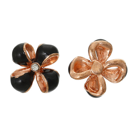 4 Pcs Enamel Black Flower Embellishment Findings with Clear Rhinestone 12mm - Sexy Sparkles Fashion Jewelry - 2