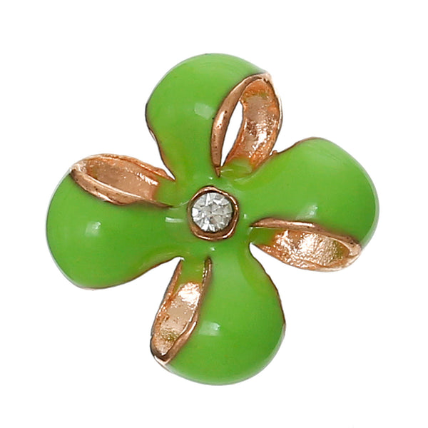 Sexy Sparkles 4 Pcs Enamel Green Flower Embellishment Findings with Clear Rhinestone 12mm