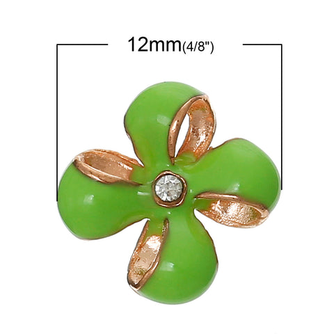 4 Pcs Enamel Green Flower Embellishment Findings with Clear Rhinestone 12mm - Sexy Sparkles Fashion Jewelry - 2