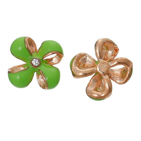 4 Pcs Enamel Green Flower Embellishment Findings with Clear Rhinestone 12mm - Sexy Sparkles Fashion Jewelry - 3