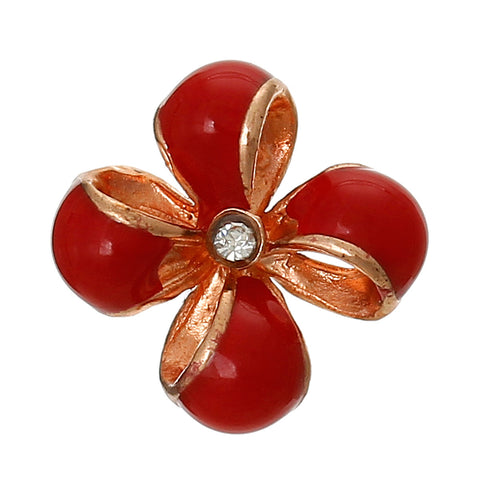 4 Pcs Enamel Red Flower Embellishment Findings with Clear Rhinestone 12mm - Sexy Sparkles Fashion Jewelry - 1