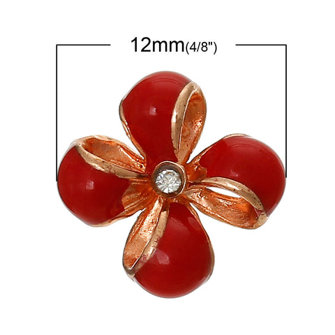 4 Pcs Enamel Red Flower Embellishment Findings with Clear Rhinestone 12mm - Sexy Sparkles Fashion Jewelry - 2
