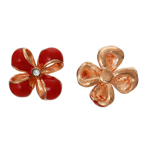 4 Pcs Enamel Red Flower Embellishment Findings with Clear Rhinestone 12mm - Sexy Sparkles Fashion Jewelry - 3