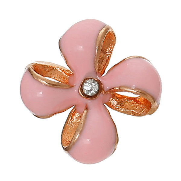 Sexy Sparkles 4 Pcs Enamel Pink Flower Embellishment Findings with Clear Rhinestone 12mm