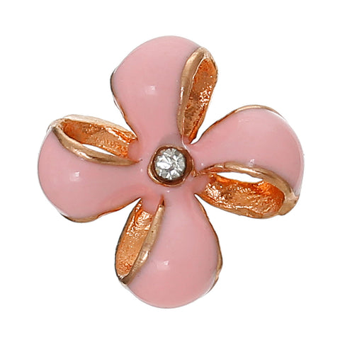 4 Pcs Enamel Pink Flower Embellishment Findings with Clear Rhinestone 12mm - Sexy Sparkles Fashion Jewelry - 1