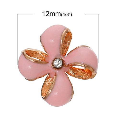 4 Pcs Enamel Pink Flower Embellishment Findings with Clear Rhinestone 12mm - Sexy Sparkles Fashion Jewelry - 2
