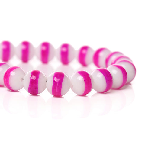 1 Strand Round Glass Loose Beads White Fuchsia Stripe Pattern 8mm - Sexy Sparkles Fashion Jewelry - 3