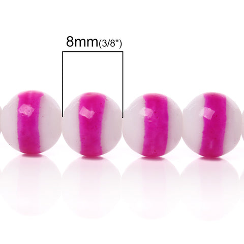 1 Strand Round Glass Loose Beads White Fuchsia Stripe Pattern 8mm - Sexy Sparkles Fashion Jewelry - 2