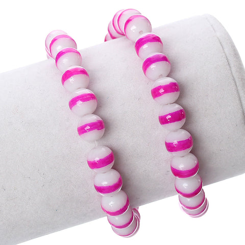 1 Strand Round Glass Loose Beads White Fuchsia Stripe Pattern 8mm - Sexy Sparkles Fashion Jewelry - 1