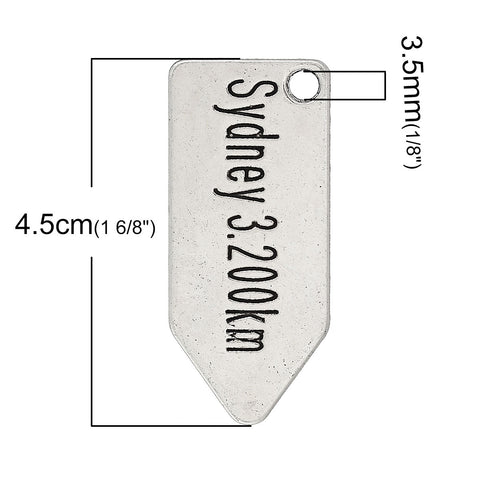 5 Pc. Arrow Sign Charm Pendant Antique Silver " Sydney 3.200km" 45mm X 20mm - Sexy Sparkles Fashion Jewelry - 2