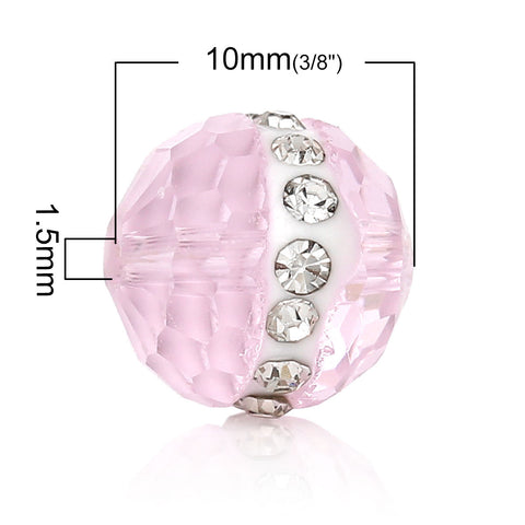 5 Pc Round Crystal Glass Spacer Beads Pink Faceted with Clear Rhinestones 10mm - Sexy Sparkles Fashion Jewelry - 3