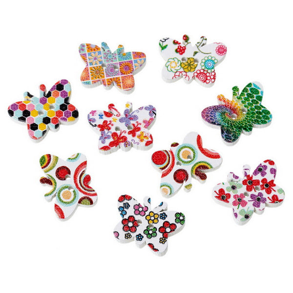 Sexy Sparkles 10 Pcs Butterfly Wood Buttons Assorted Colors and Patterns 19mm