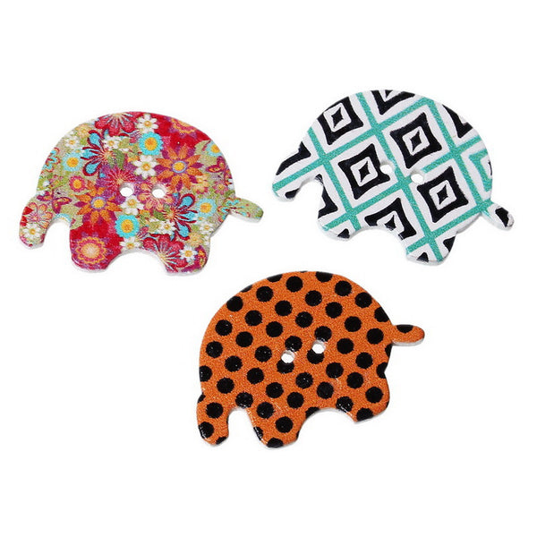 10 Pcs Elephant Wood Buttons Assorted Colors and Patterns 29mm - Sexy Sparkles Fashion Jewelry - 1