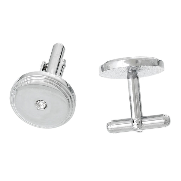 2 pcs Round Silver Tone Cuff Links Clear Rhinestones 26mm x 17mm - Sexy Sparkles Fashion Jewelry - 1