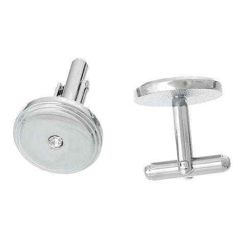 2 pcs Round Silver Tone Cuff Links Clear Rhinestones 26mm x 17mm - Sexy Sparkles Fashion Jewelry - 1