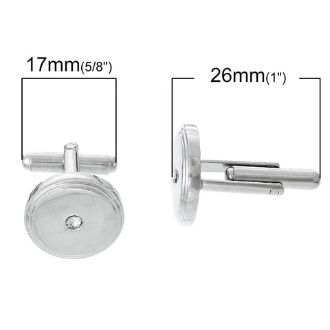2 pcs Round Silver Tone Cuff Links Clear Rhinestones 26mm x 17mm - Sexy Sparkles Fashion Jewelry - 2