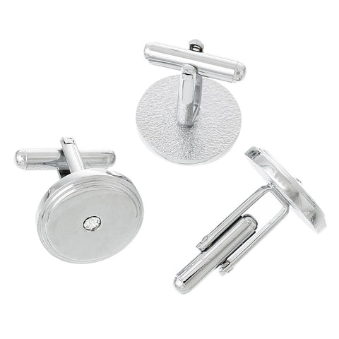 2 pcs Round Silver Tone Cuff Links Clear Rhinestones 26mm x 17mm - Sexy Sparkles Fashion Jewelry - 3