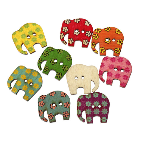 10 Pcs Elephant Wood Buttons Assorted Colors and Patterns 3cm - Sexy Sparkles Fashion Jewelry - 3