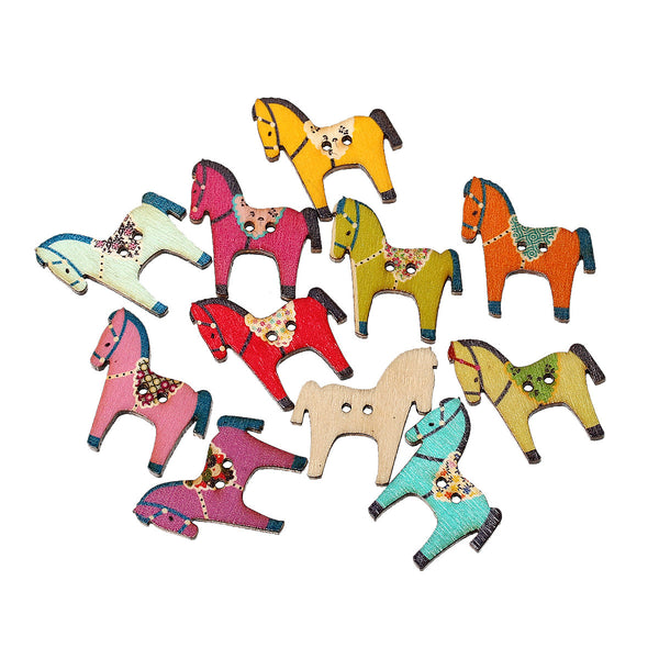 Sexy Sparkles 10 Pcs Horse Wood Buttons Assorted Colors and Patterns 29mm