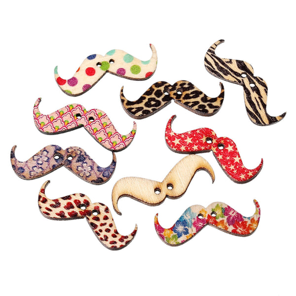 Sexy Sparkles 10 Pcs Mustache Wood Buttons Assorted Colors and Patterns 3.1cm