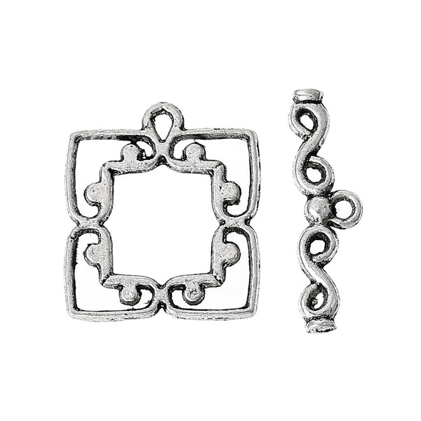 Sexy Sparkles Set of Toggle Clasps Findings Square Antique Silver Heart Pattern 19mm