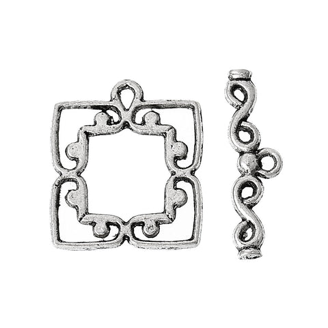 Set of Toggle Clasps Findings Square Antique Silver Heart Pattern 19mm - Sexy Sparkles Fashion Jewelry - 1