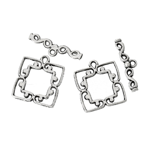 Set of Toggle Clasps Findings Square Antique Silver Heart Pattern 19mm - Sexy Sparkles Fashion Jewelry - 2