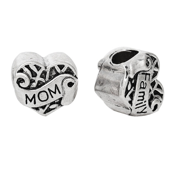2 Sided Family and Mom on Heart Charm European Bead Compatible for Most European Snake Chain Bracelet - Sexy Sparkles Fashion Jewelry - 1