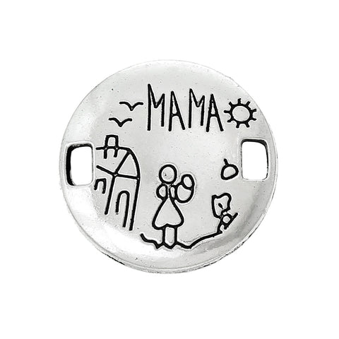 2 Pcs "Mama" Carved Round Connector Findings Antique Silver 22mm - Sexy Sparkles Fashion Jewelry - 1