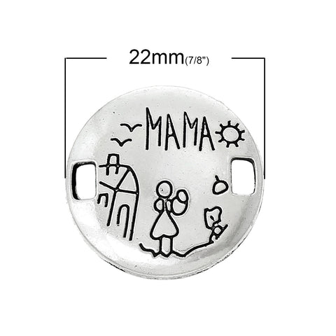 2 Pcs "Mama" Carved Round Connector Findings Antique Silver 22mm - Sexy Sparkles Fashion Jewelry - 2
