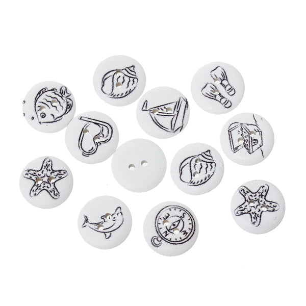 Sexy Sparkles 100 Pcs Round Wood Buttons White Color and Mixed Patterns 18mm