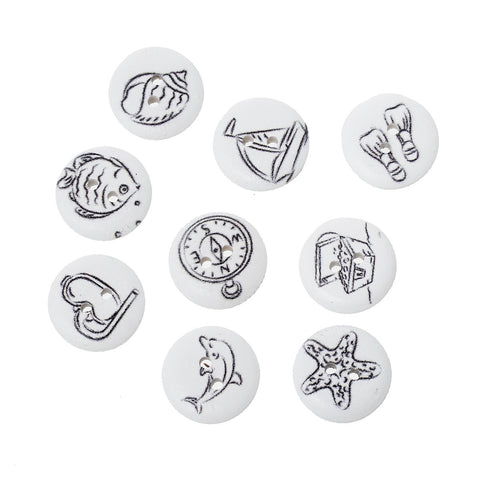 100 Pcs Round Wood Buttons White Color and Mixed Patterns 18mm - Sexy Sparkles Fashion Jewelry - 3