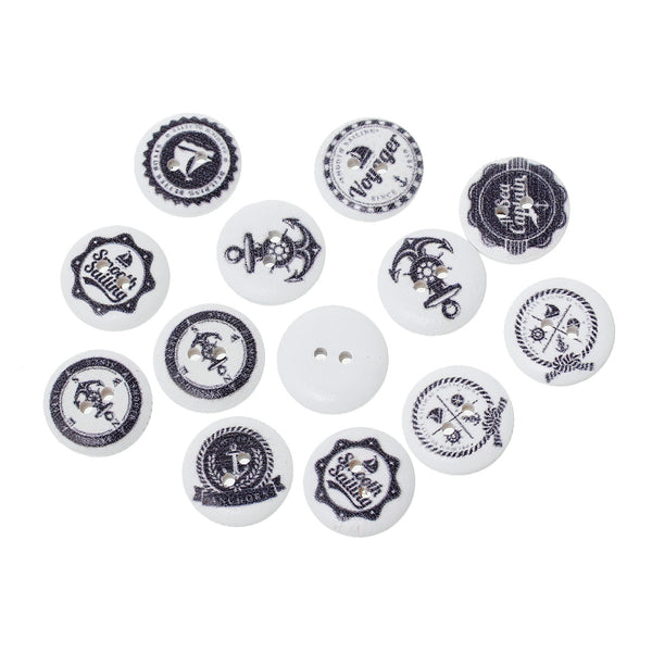 Sexy Sparkles 100 Pcs Round Wood Buttons White Color and Mixed Patterns 18mm