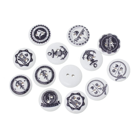100 Pcs Round Wood Buttons White Color and Mixed Patterns 18mm - Sexy Sparkles Fashion Jewelry - 1