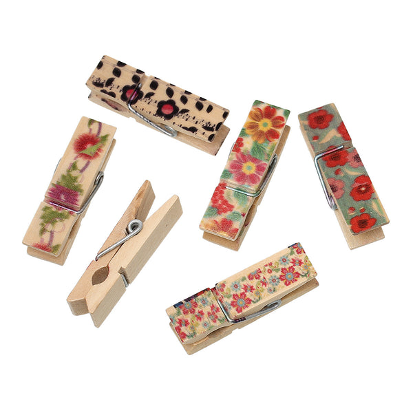 10 Pcs Wood Photo Hold Clothespin Clips Note Pegs Multicolor Flower Patterns ...