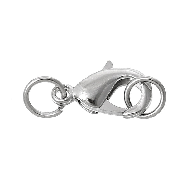 10 Pcs Copper Lobster Clasp Silver Tone Findings w/ Open Jump Rings (19mm x 7mm) - Sexy Sparkles Fashion Jewelry
