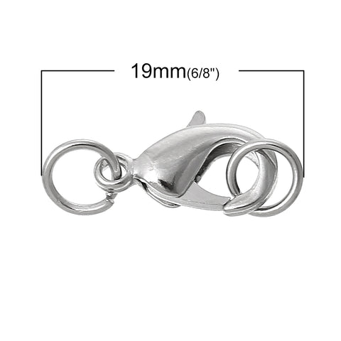 10 Pcs Copper Lobster Clasp Silver Tone Findings w/ Open Jump Rings (19mm x 7mm) - Sexy Sparkles Fashion Jewelry