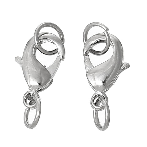 10 Pcs Copper Lobster Clasp Silver Tone Findings w/ Open Jump Rings (19mm x 7mm) - Sexy Sparkles Fashion Jewelry