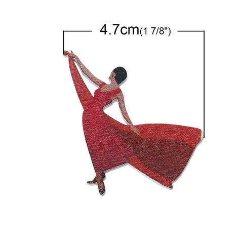 5 Pcs Wood Embellishments Women with Red Dress 5.1cm X 4.7cm - Sexy Sparkles Fashion Jewelry - 2
