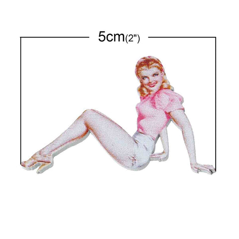 5 Pcs Wood Embellishments Pink Pin Up Girl 3.1cm x 5cm - Sexy Sparkles Fashion Jewelry - 2