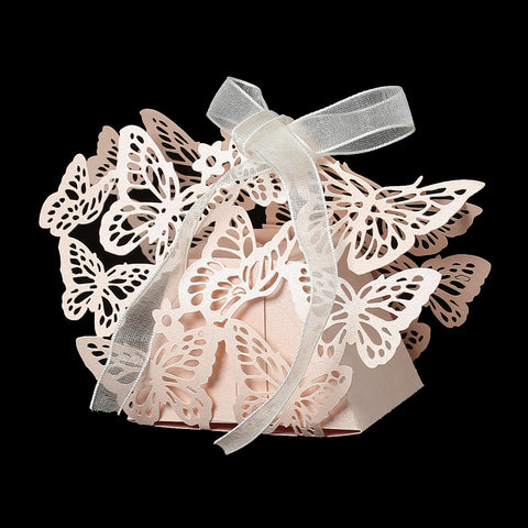 10 Pcs Paper Wedding Party Candy Favor Boxes Butterfly 7 4/8" x7 3/8" Hollow Pink Orange With Ribbon - Sexy Sparkles Fashion Jewelry