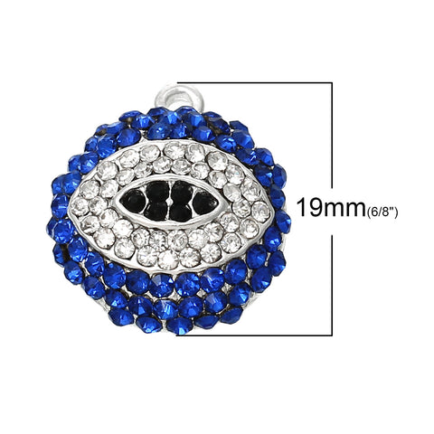 1 Pc Evil Eye Royal Blue with Clear Rhinestones Charm Pendants Round Silver P... - Sexy Sparkles Fashion Jewelry - 2