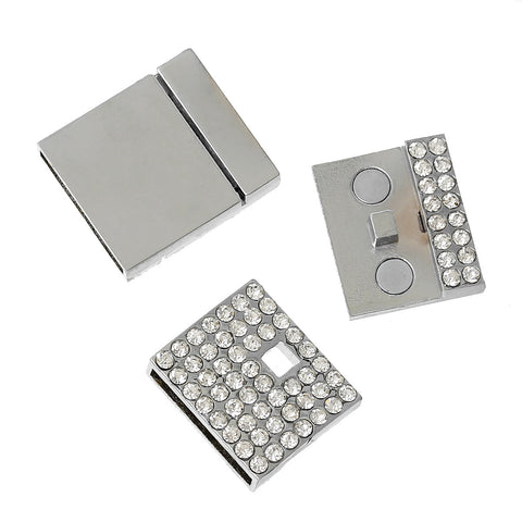 1 Pc Rectangle Magnetic Clasp Silver Tone with Clear Rhinestones 1" X 7/8" - Sexy Sparkles Fashion Jewelry - 3